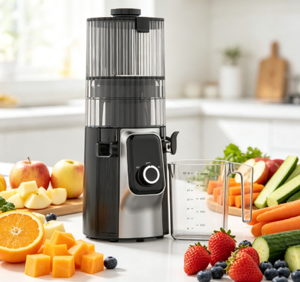 Fresco Smart HJ102C Exprimidor de masticación lenta El exprimidor que trae bienestar a su mesa con 3 velocidades ajustables, calavera ancha de 135 mm, prensa en frío de 200W y autolimpieza