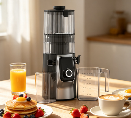 Fresco Smart HJ102C Exprimidor de masticación lenta El exprimidor que hace que una vida saludable sea fácil con 3 velocidades ajustables, cañón ancho de 135 mm, prensa en frío de 200W y autolimpieza